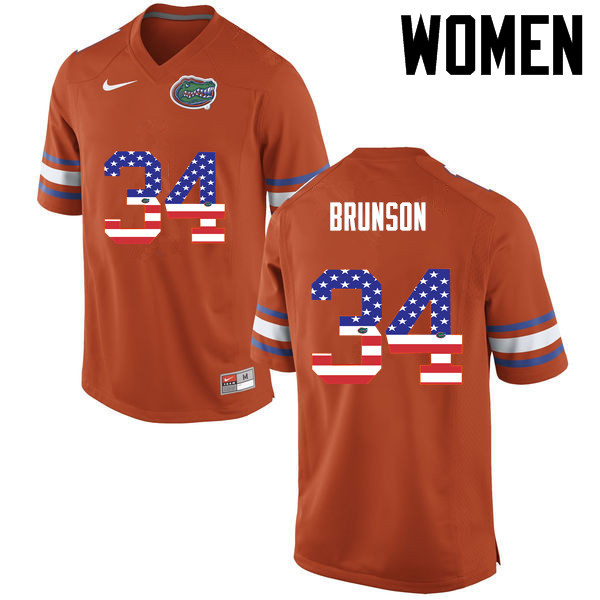 Women Florida Gators #34 Lacedrick Brunson College Football USA Flag Fashion Jerseys-Orange - Click Image to Close